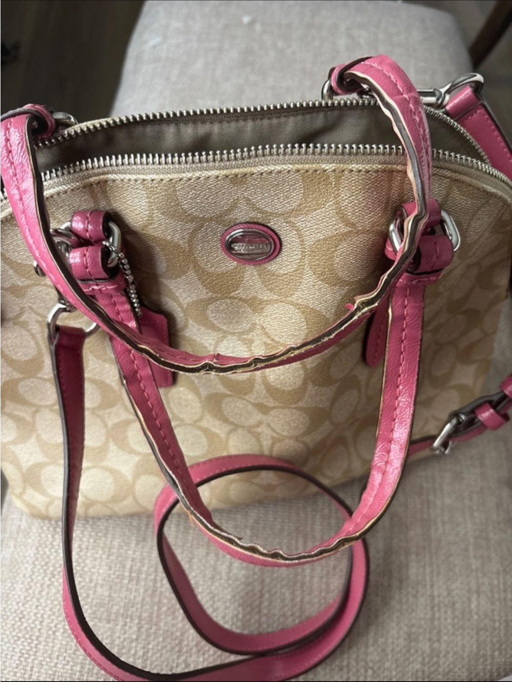 Coach Beige Signature Canvas Shoulder Bag with Pink Leather Trim